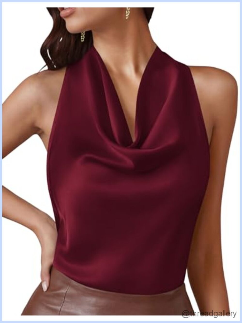 Satin Halter Top Sleeveless Cowl Neck Tie Back Dressy Casual